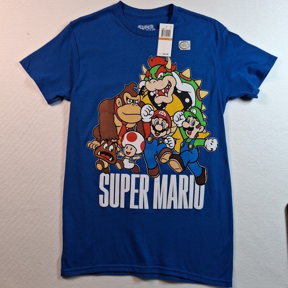 Nintendo Super Mario Kids Size S Royal Blue Graphic T-Shirt Bowser Luigi DK NEW